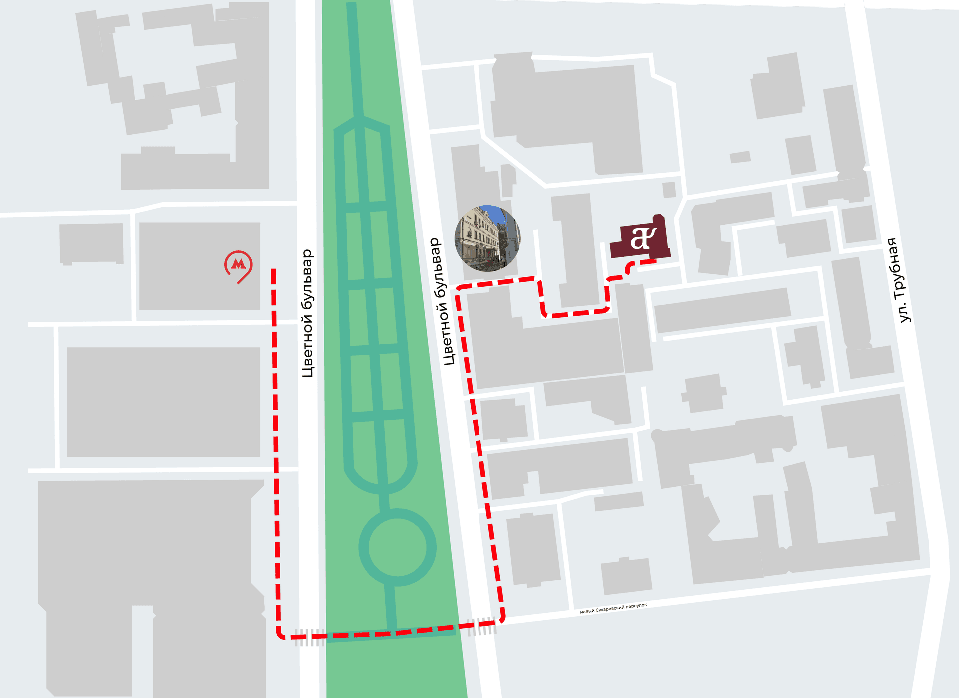 Карта с маршрутом от метро до клиники