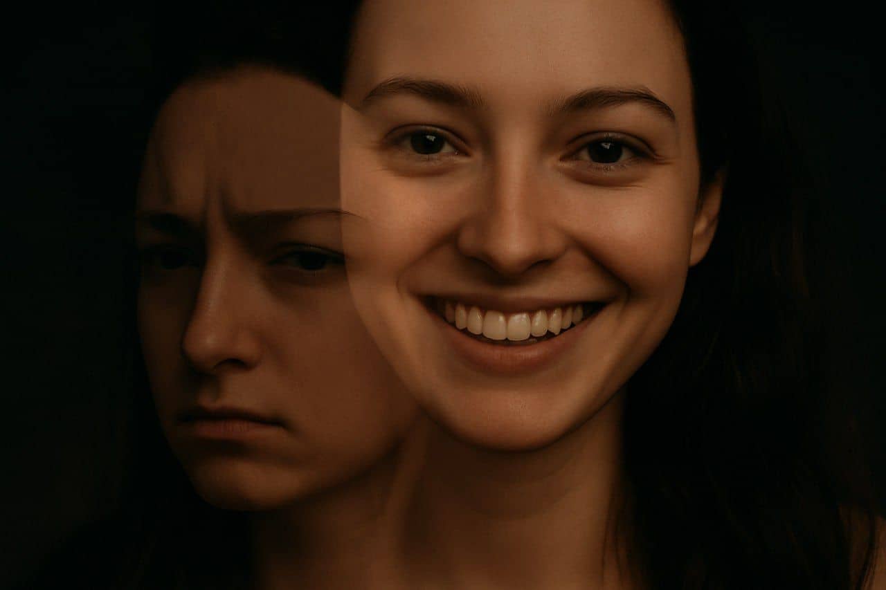 Разделённое изображение изображает улыбающуюся женщину, наложенную на хмурое лицо