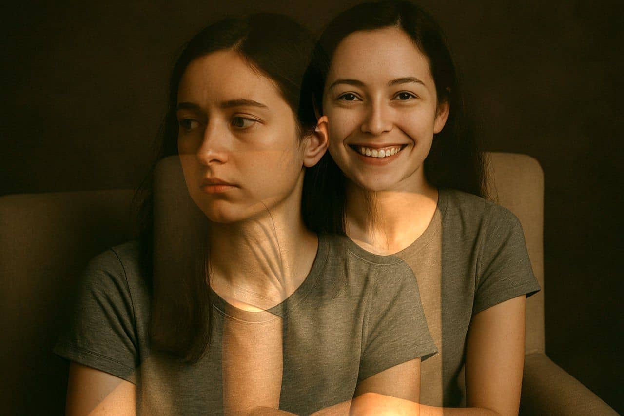 На фотографии с двойной экспозицией изображена женщина в серой рубашке с двумя выражениями лица