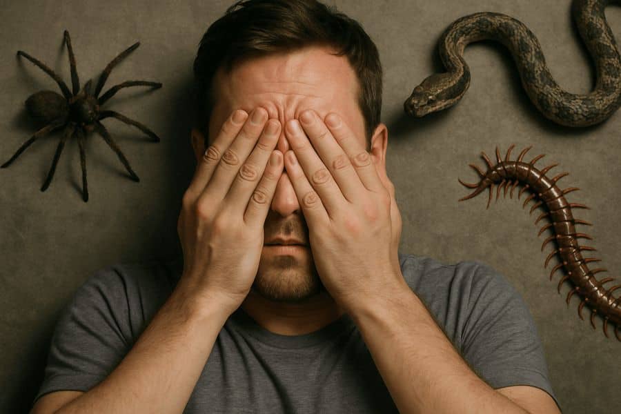 Мужчина закрывает лицо руками, на стене его окружают паук, змея и многоножка