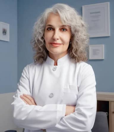 Женщина с седыми вьющимися волосами в белом халате уверенно стоит в офисе, скрестив руки на груди