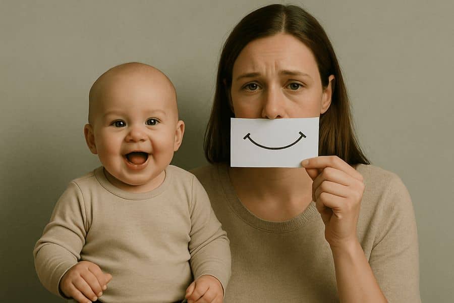 Женщина изображает грустную улыбку, прикрывая рот натянутой улыбкой