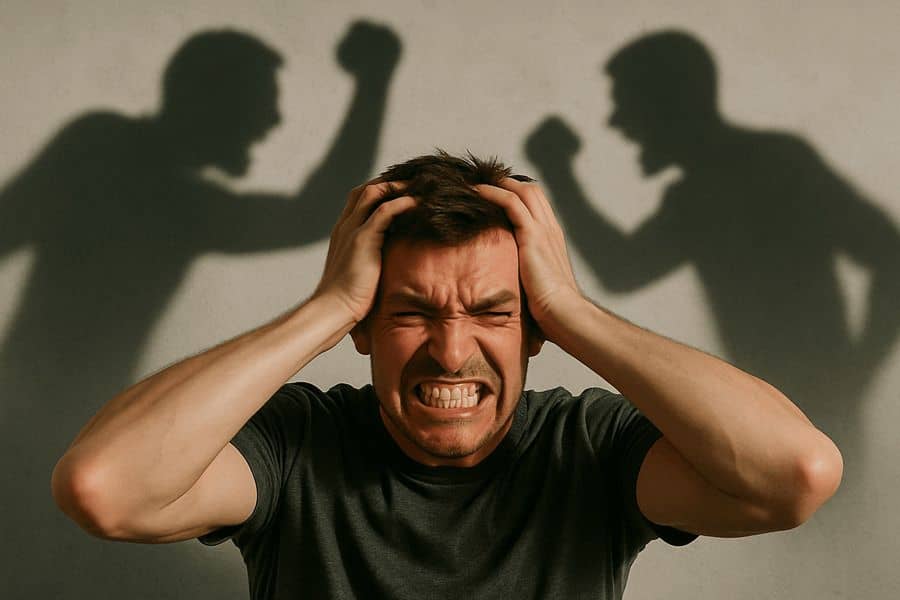 Разгневанный мужчина хватается за голову и морщится