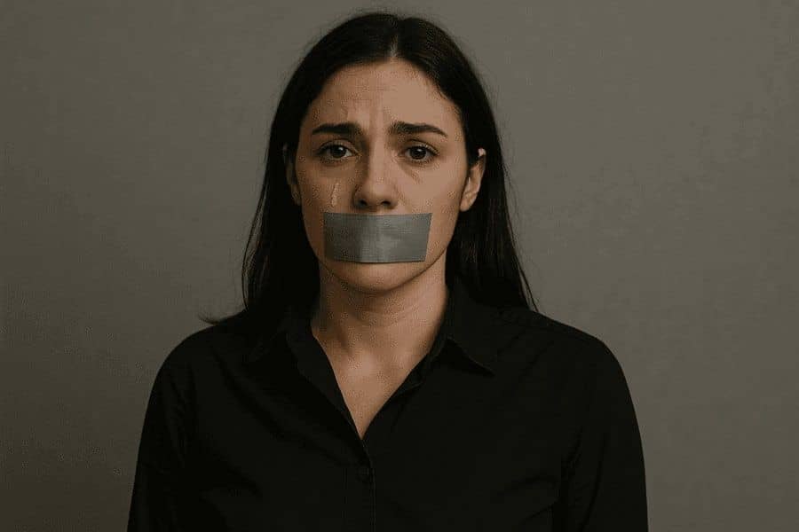 Женщина в чёрной рубашке с заклеенным ртом