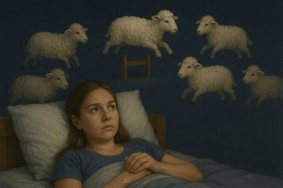 Девочка лежит в постели без сна, задумчиво глядя на мир