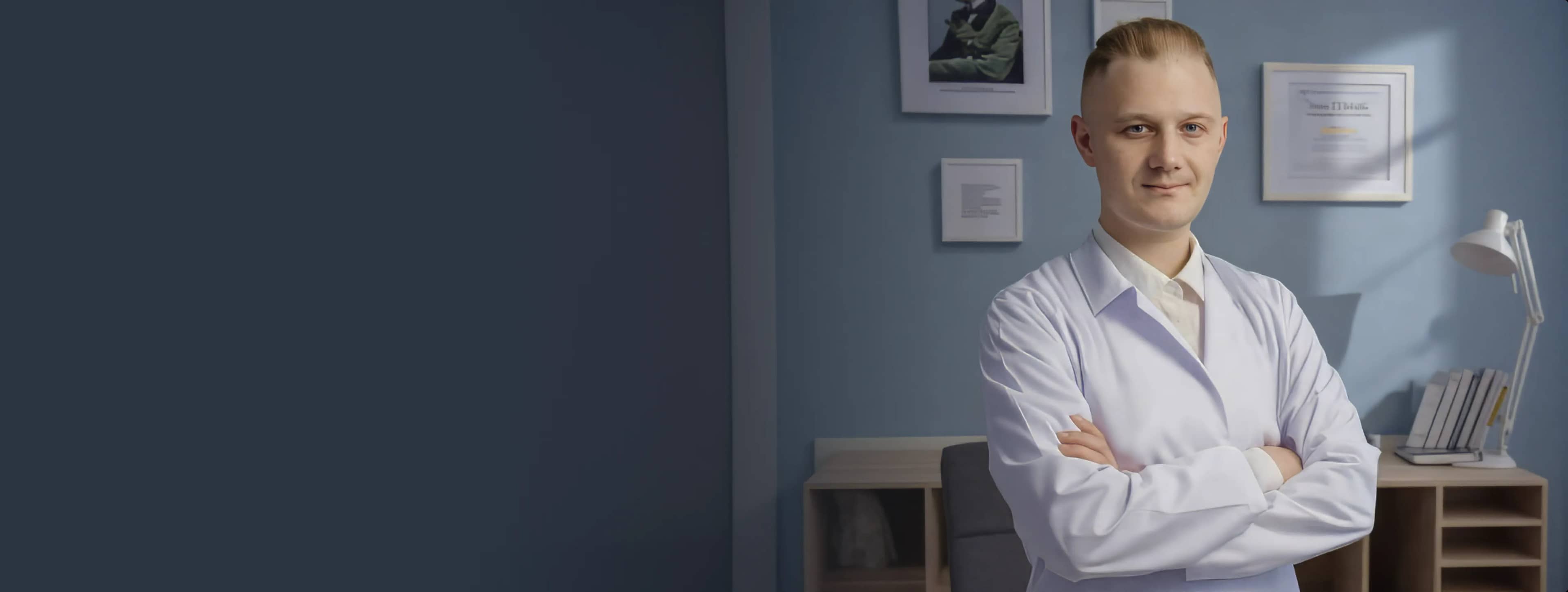 Уверенный в себе человек в белом халате стоит, скрестив руки, в хорошо освещенном офисе