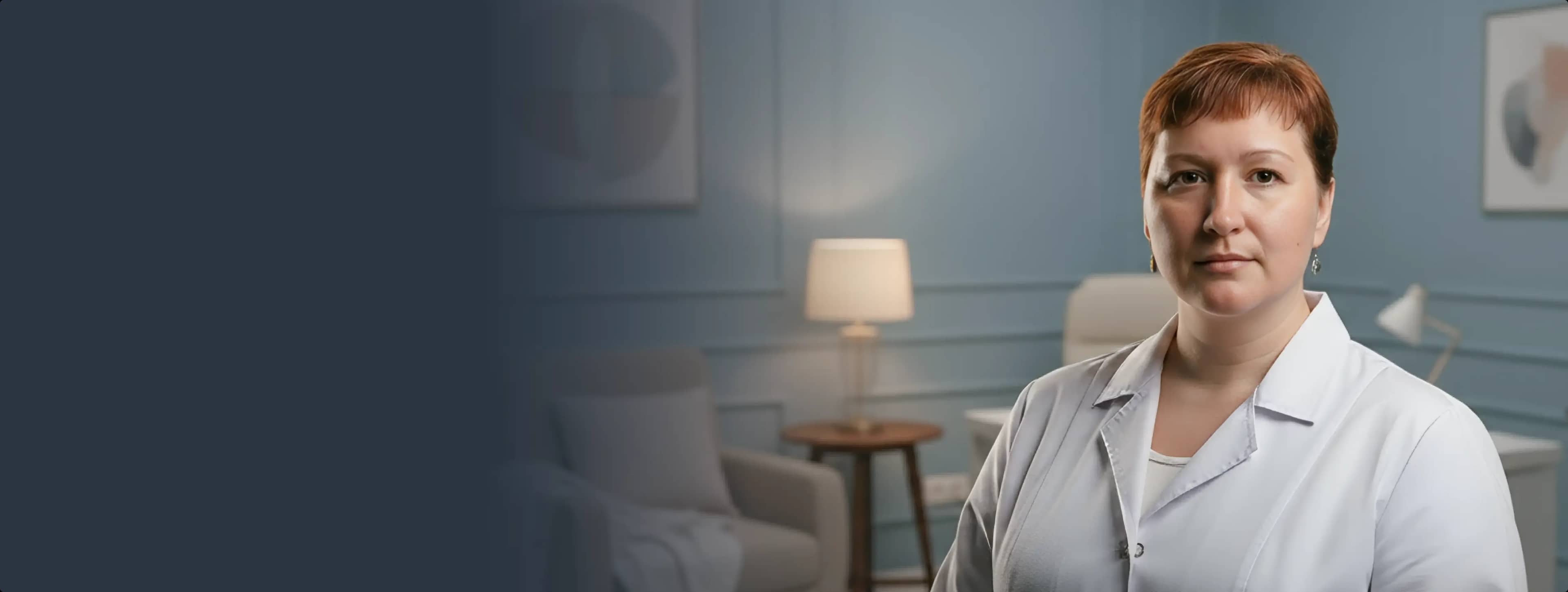 Женщина в белом халате уверенно стоит в мягко освещённой комнате