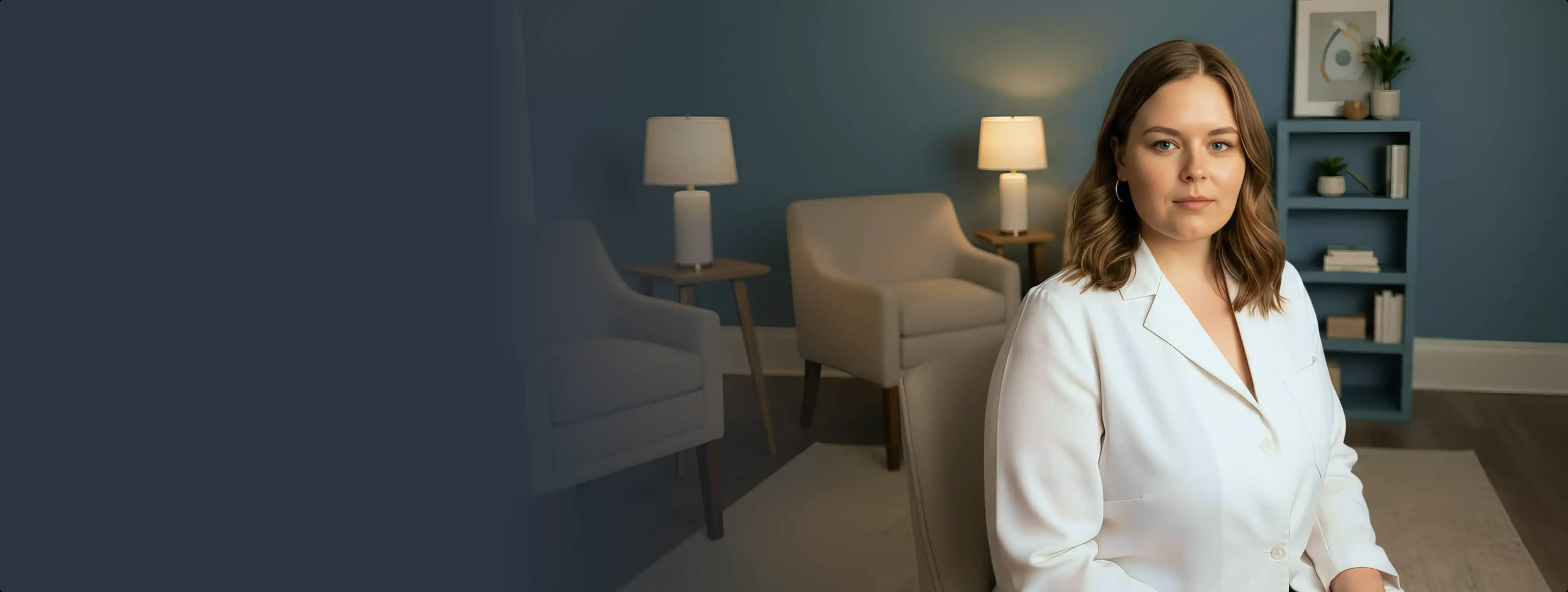 Женщина в белой рубашке сидит в уютной, мягко освещенной комнате с голубыми стенами, бежевым креслом