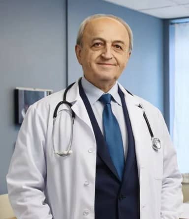 Пожилой врач-мужчина в белом халате уверенно стоит в медицинском кабинете со стетоскопом