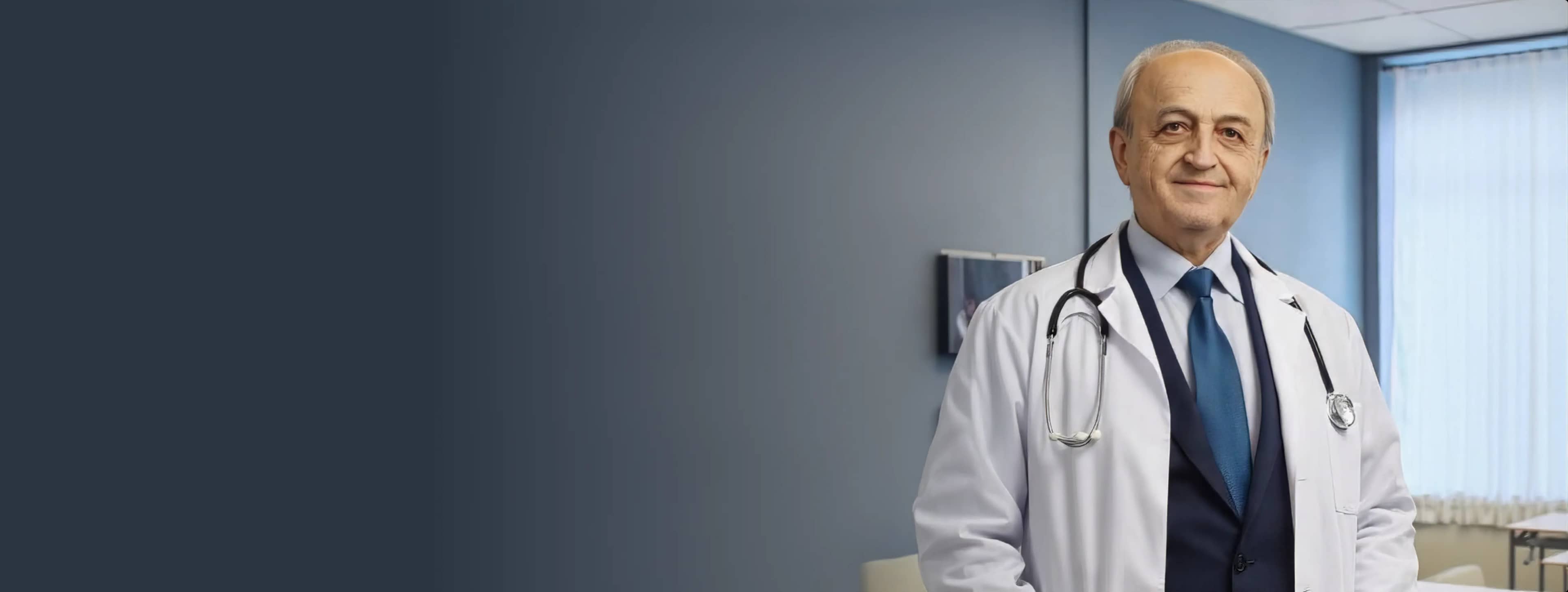 Пожилой врач в белом халате и синем галстуке уверенно стоит со стетоскопом в руках