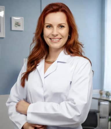 Улыбающаяся женщина-врач в белом халате на фоне светлого кабинета.