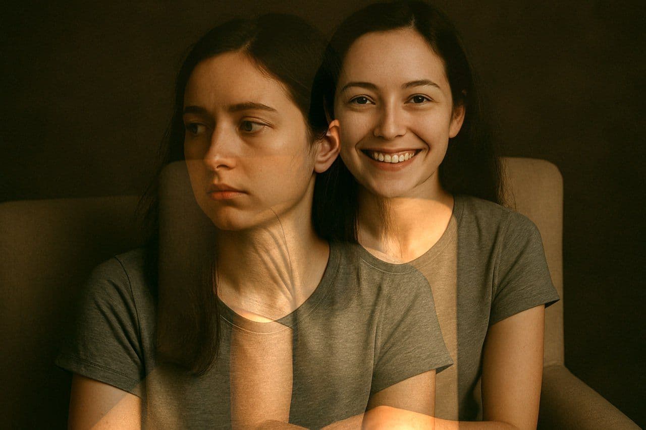 На фотографии с двойной экспозицией изображена женщина в серой рубашке с двумя выражениями лица