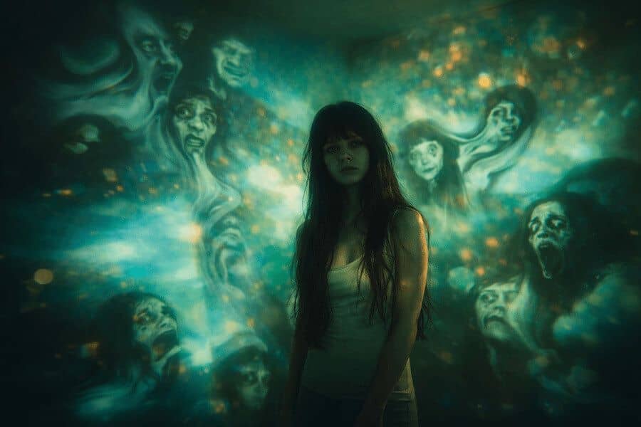 В полумраке комнаты стоит молодая женщина с длинными черными волосами