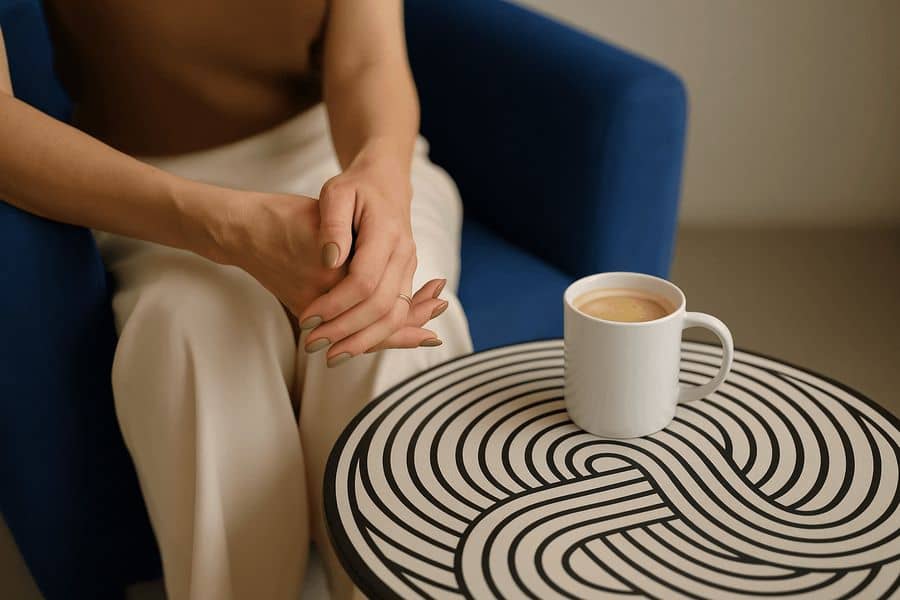 Человек сидит в синем кресле, сложив руки, возле небольшого круглого столика