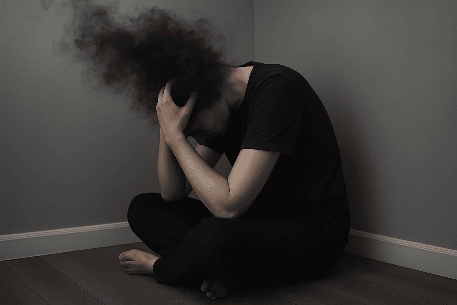 Человек сидит на полу в углу комнаты, обхватив голову руками