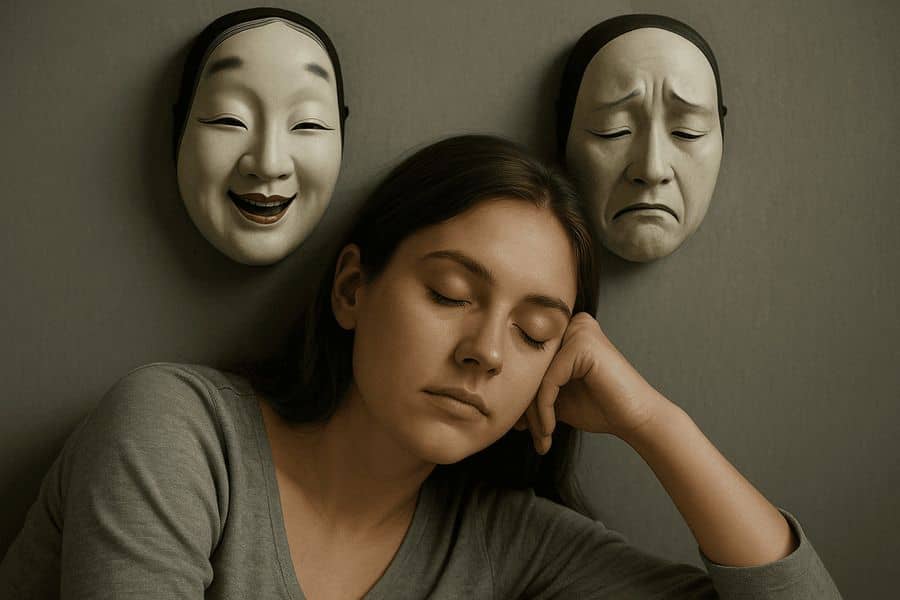 Женщина сидит, положив голову на руку, с закрытыми глазами