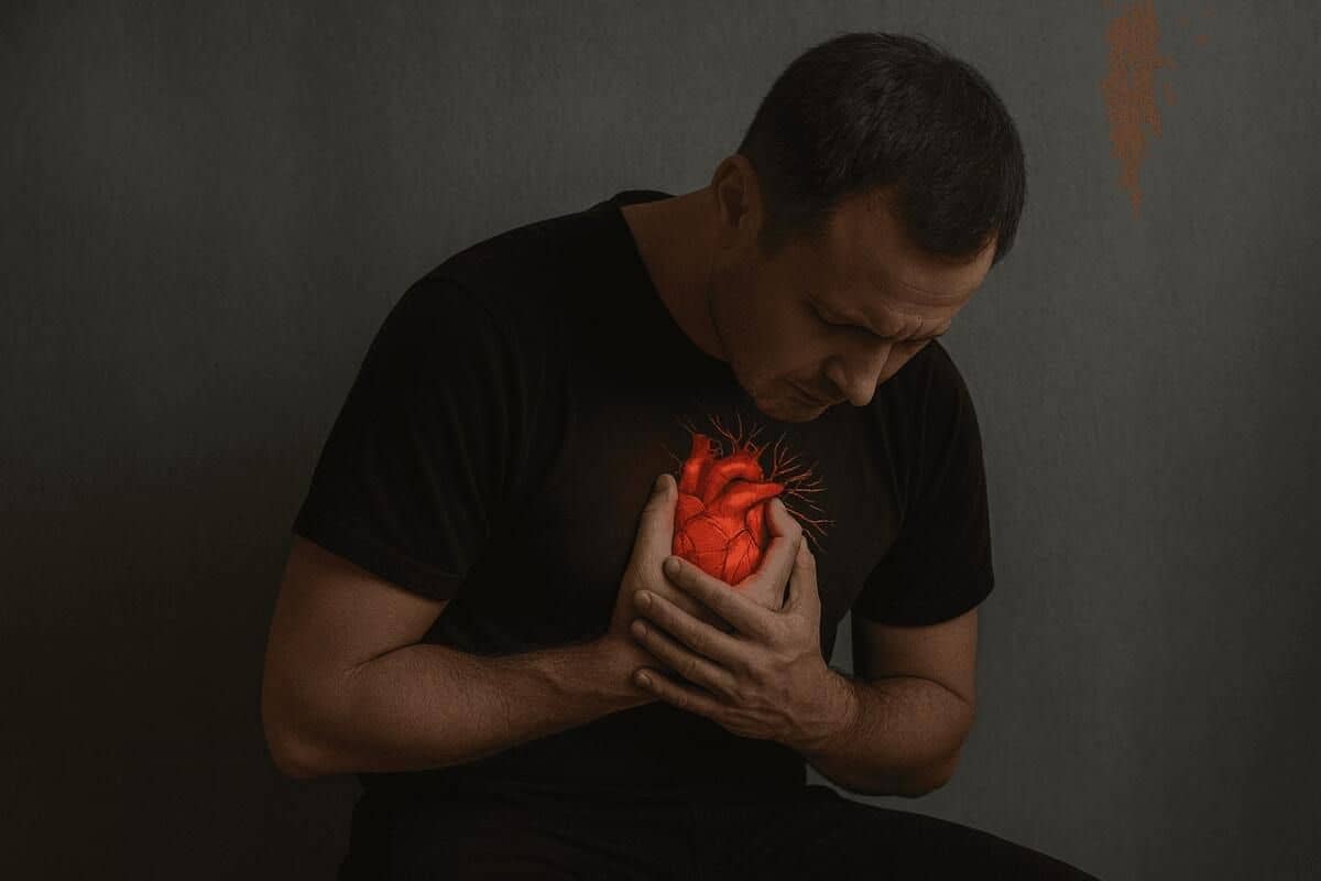Мужчина в чёрной рубашке сжимает грудь обеими руками