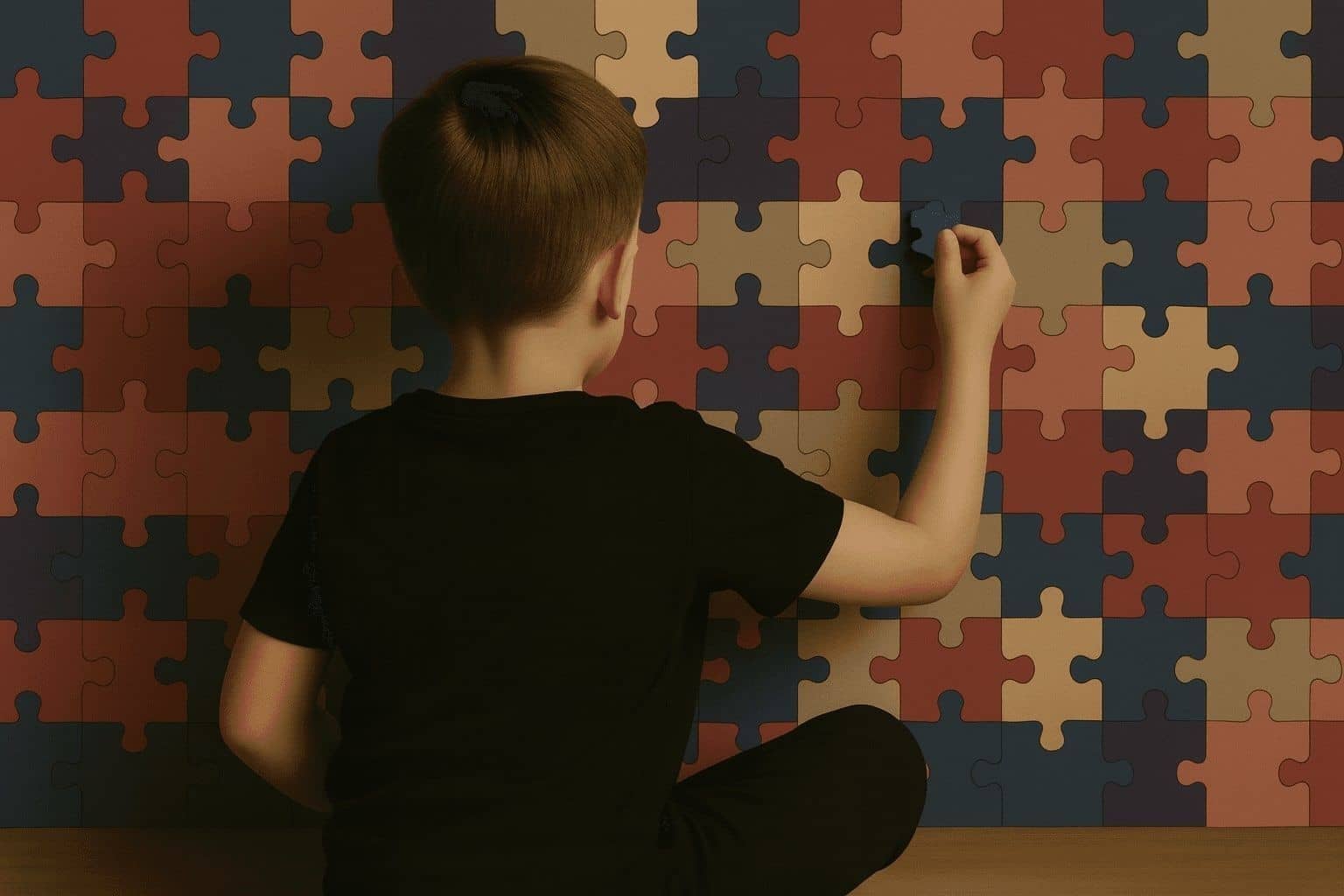 Ребенок в черной рубашке сидит спиной к камере и вставляет деталь пазла