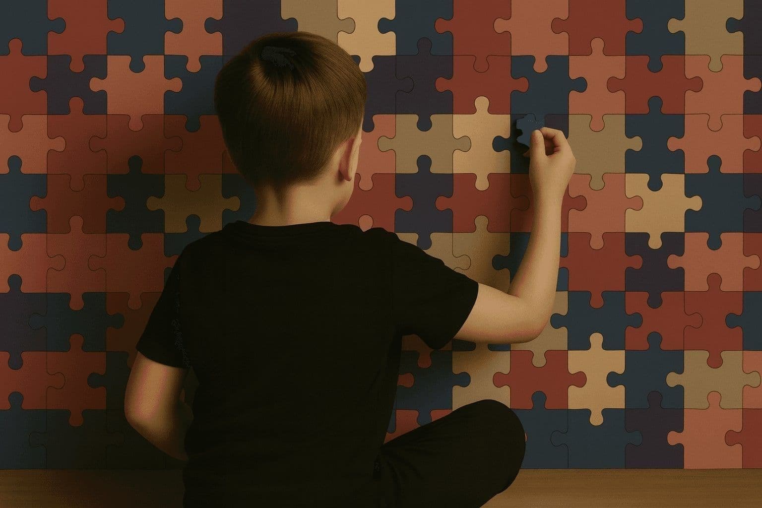 Ребенок в черной рубашке сидит спиной к камере и вставляет деталь пазла
