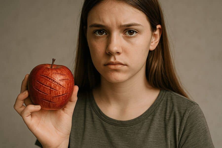 Девочка-подросток держит красное яблоко с глубокими царапинами