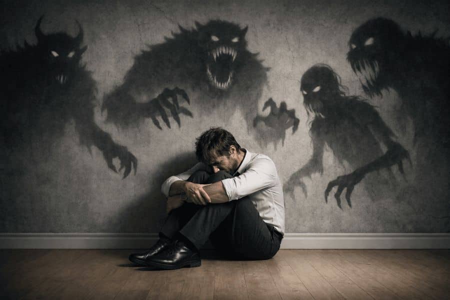 Мужчина сидит на полу, обнимая колени, и выглядит подавленным