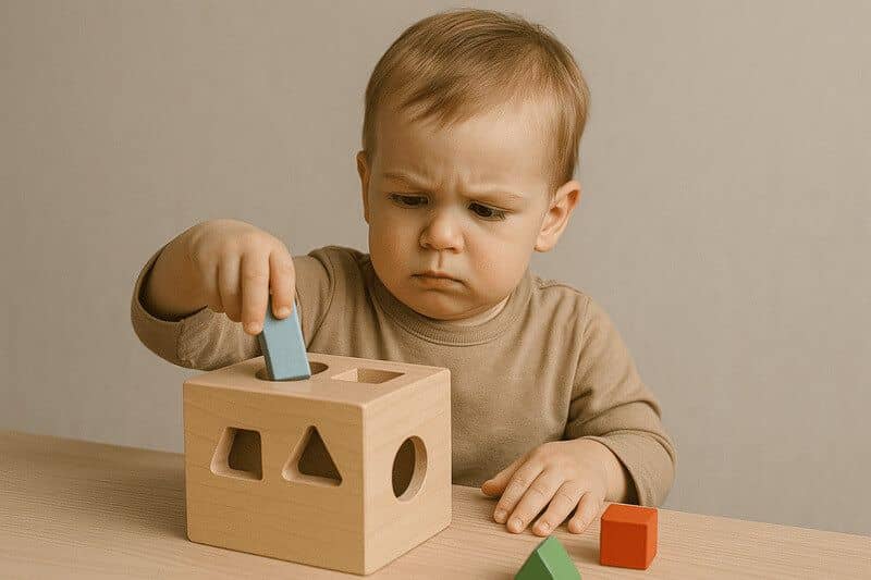 Малыш, сосредоточенно и слегка нахмурившись, пытается вставить синий кубик