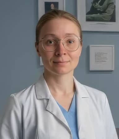 Женщина в очках и белом халате стоит в мягко освещенной комнате с синими стенами