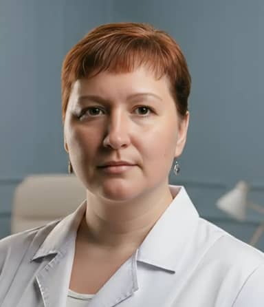 Женщина в белом халате уверенно стоит в мягко освещённой комнате