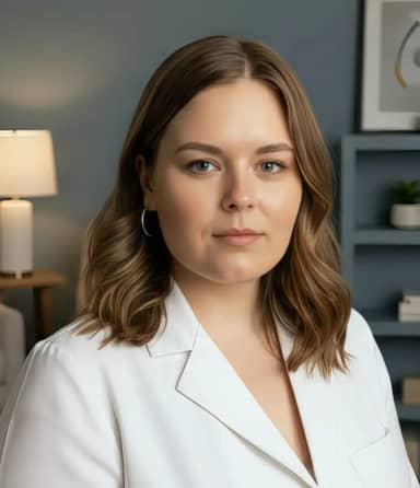 Женщина в белой рубашке сидит в уютной, мягко освещенной комнате с голубыми стенами, бежевым креслом