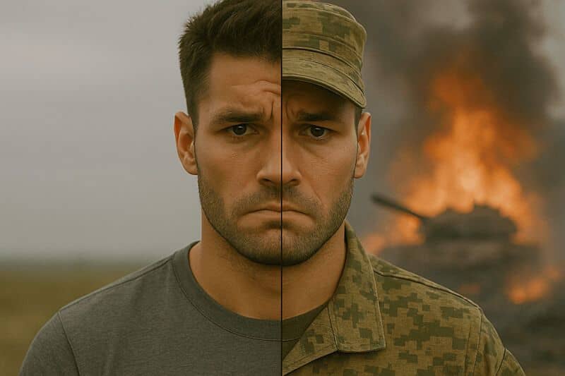 Изображение мужчины, наполовину в гражданской одежде, наполовину в военной форме